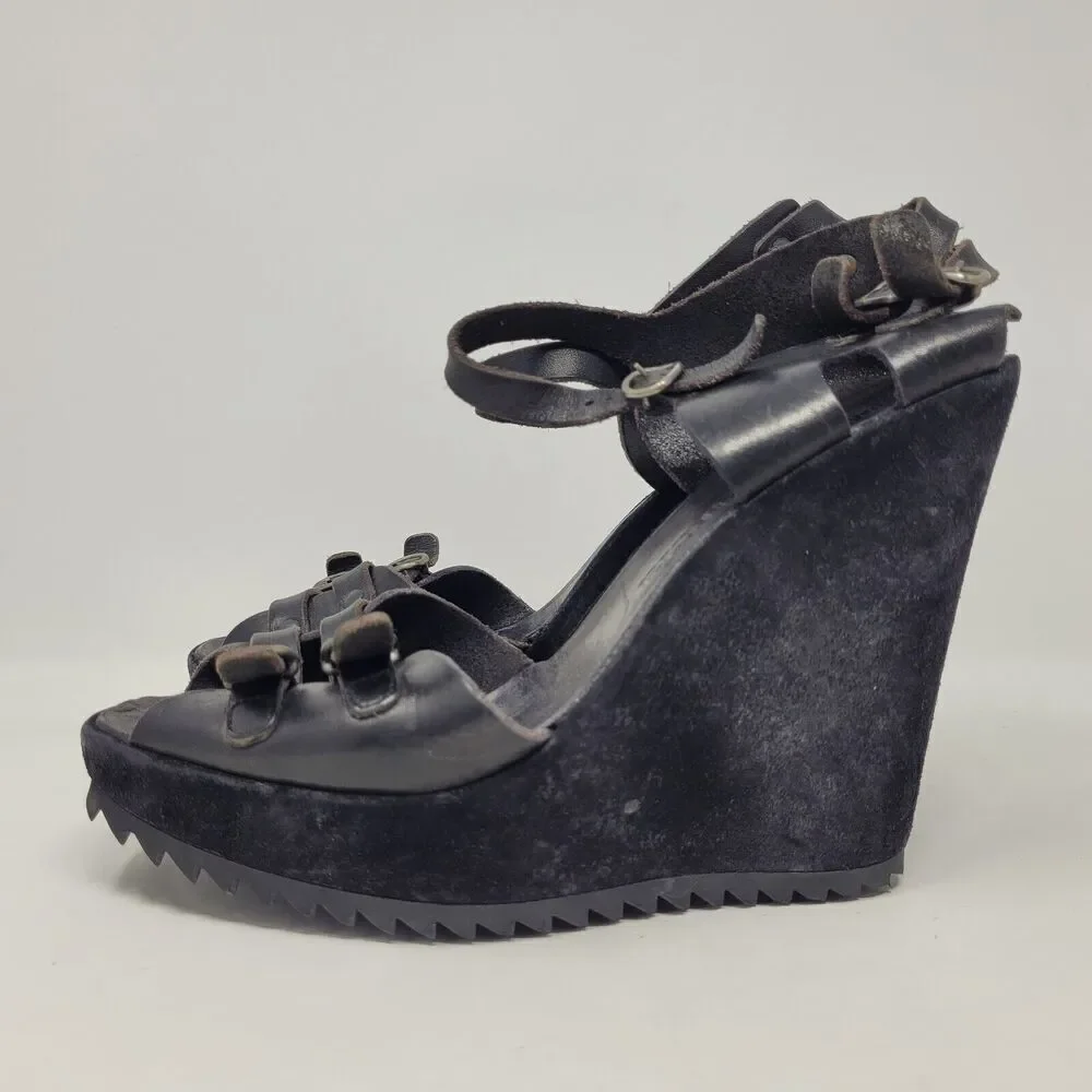 Pedro Garcia Sandals Womens US 8.5 Black Leather Wedge Boho Biker Rocker Buckles